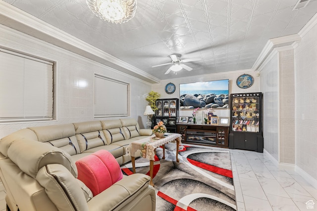 living area with ornamental molding, ceiling fan, marble finish floor, and visible vents
