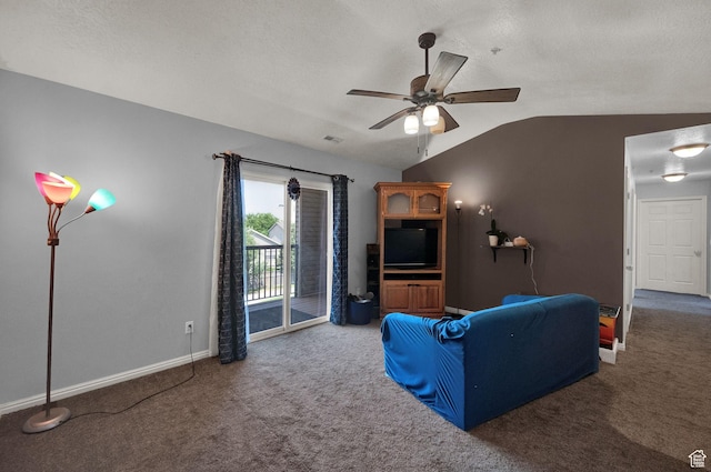 8246 N Cedar Springs Rd Unit 11, Eagle Mountain, UT 84005 - carpeted living area with lofted ceiling, baseboards, a textured ceiling, visible vents, and ceiling fan