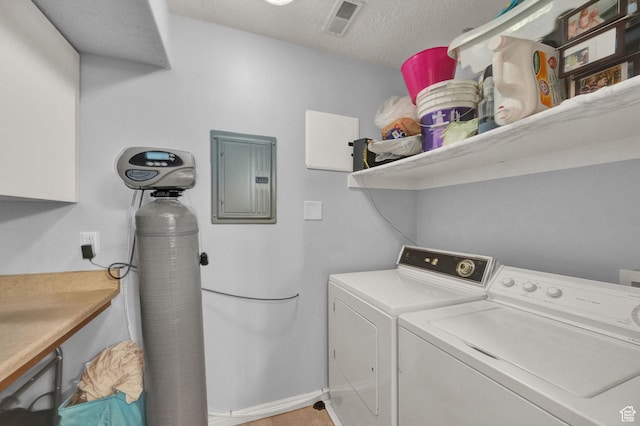 8246 N Cedar Springs Rd Unit 11, Eagle Mountain, UT 84005 - laundry area featuring electric panel, a textured ceiling, visible vents, laundry area, and washer and dryer