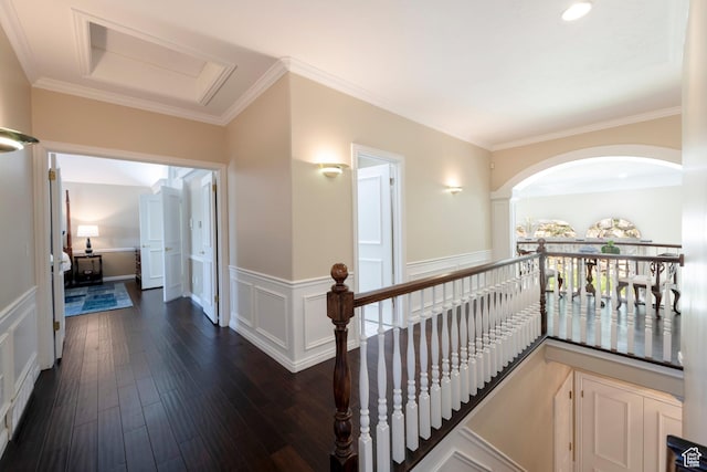 3880 E Thousand Oaks Cir, Salt Lake City, UT 84124 - hallway featuring ornamental molding, dark wood-type flooring, wainscoting, a decorative wall, and an upstairs landing