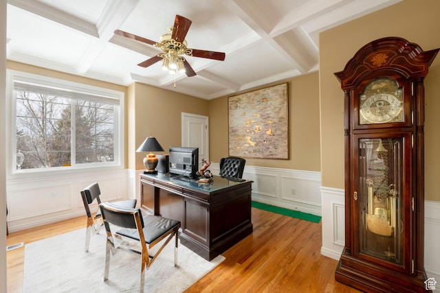 3880 E Thousand Oaks Cir, Salt Lake City, UT 84124 - office space featuring beamed ceiling, visible vents, coffered ceiling, light wood-style floors, and ceiling fan