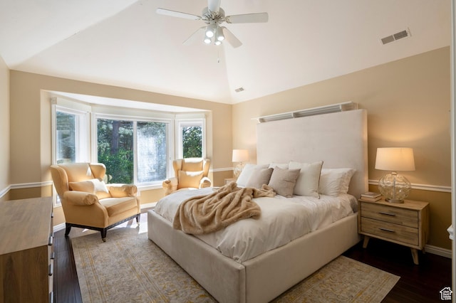 3880 E Thousand Oaks Cir, Salt Lake City, UT 84124 - bedroom featuring visible vents, wood finished floors, baseboards, lofted ceiling, and ceiling fan