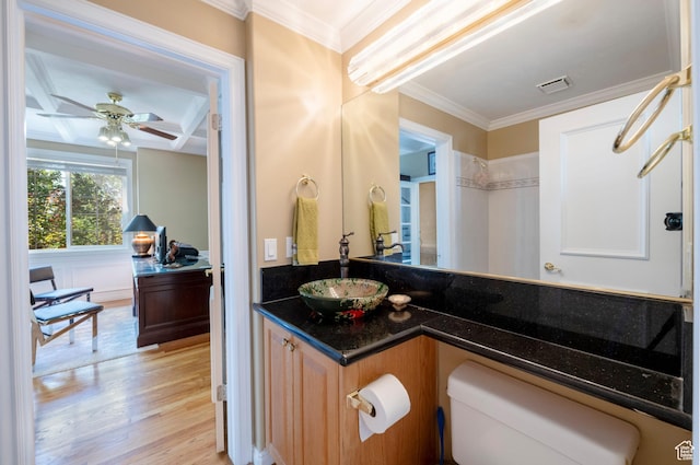 3880 E Thousand Oaks Cir, Salt Lake City, UT 84124 - bathroom featuring coffered ceiling, vanity, crown molding, and wood finished floors