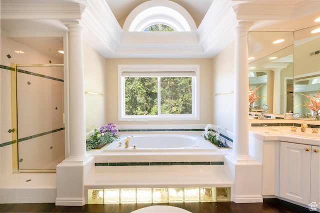 3880 E Thousand Oaks Cir, Salt Lake City, UT 84124 - bathroom featuring vanity, visible vents, decorative columns, a stall shower, and a garden tub