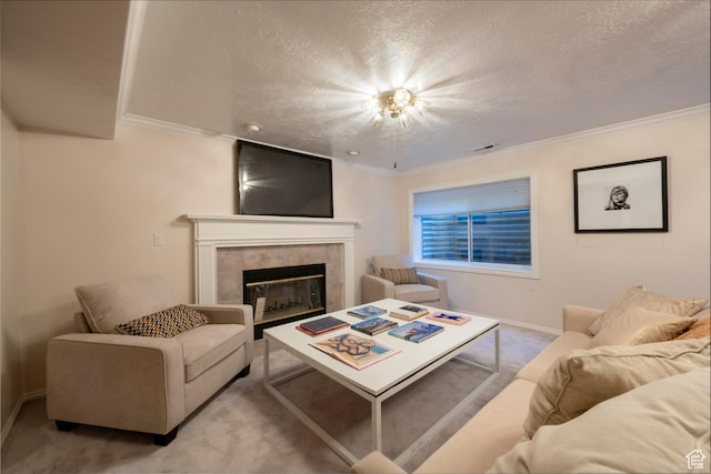 3880 E Thousand Oaks Cir, Salt Lake City, UT 84124 - living room featuring a tiled fireplace, crown molding, a textured ceiling, and light carpet