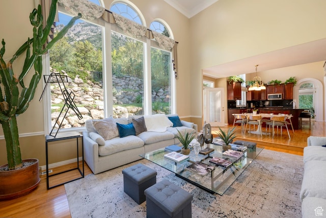 3880 E Thousand Oaks Cir, Salt Lake City, UT 84124 - living room with a high ceiling, light wood-style floors, an inviting chandelier, crown molding, and baseboards
