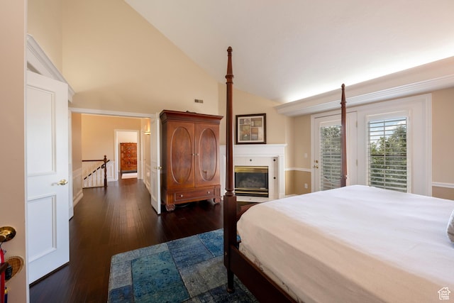3880 E Thousand Oaks Cir, Salt Lake City, UT 84124 - bedroom with a tiled fireplace, high vaulted ceiling, dark wood-type flooring, and access to outside