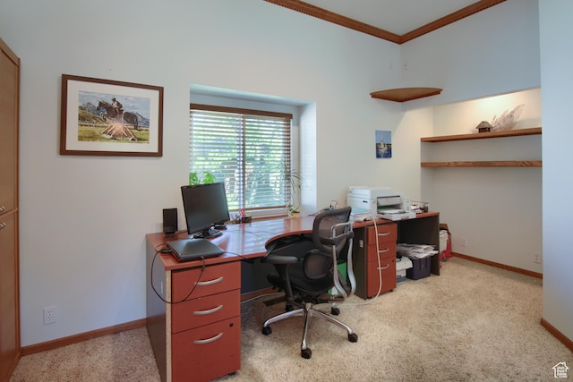 carpeted office space featuring ornamental molding and baseboards