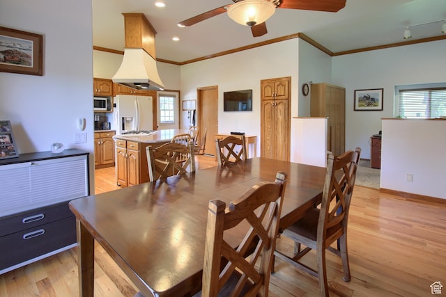 dining space featuring a ceiling fan, plenty of natural light, and light wood-type flooring