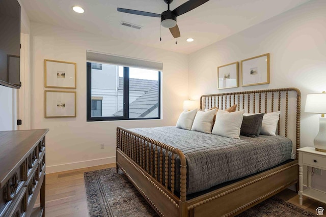 5346 Cyan Ln, St George, UT 84790 - bedroom with recessed lighting, visible vents, ceiling fan, wood finished floors, and baseboards