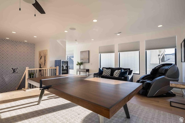 5346 Cyan Ln, St George, UT 84790 - game room featuring wallpapered walls, wood finished floors, a ceiling fan, and recessed lighting