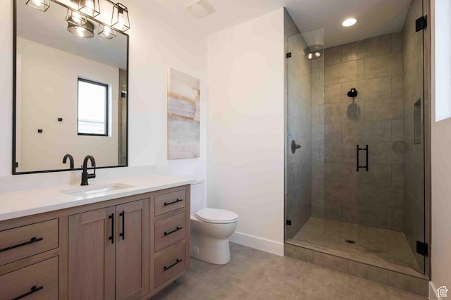 5346 Cyan Ln, St George, UT 84790 - bathroom with toilet, tile patterned floors, vanity, a shower stall, and recessed lighting
