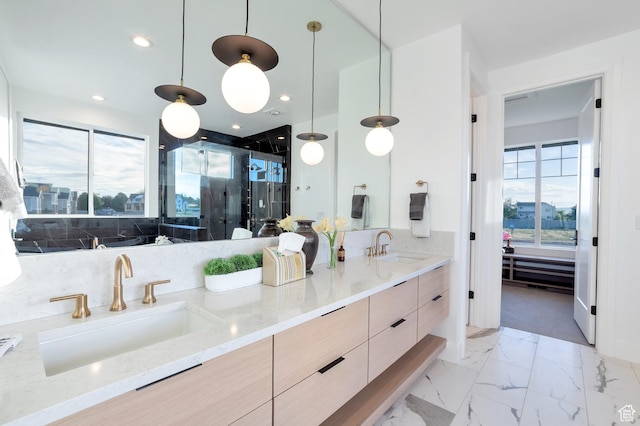 165 S Farmhouse Cir, Kaysville, UT 84037 - bathroom with double vanity, marble finish floor, a sink, and a stall shower