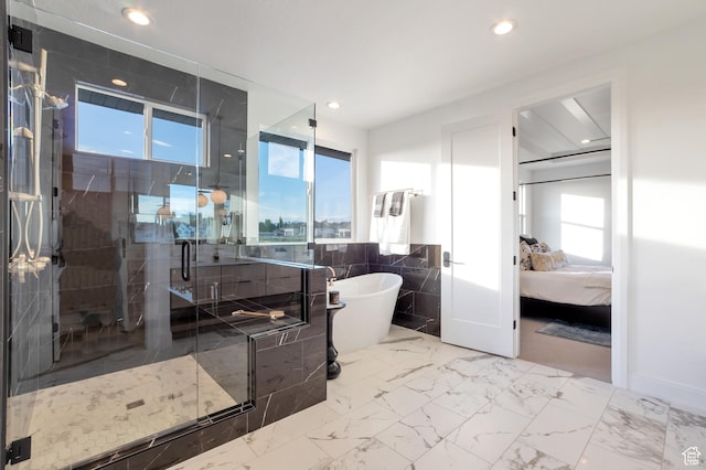 165 S Farmhouse Cir, Kaysville, UT 84037 - full bath featuring a stall shower, ensuite bath, marble finish floor, a freestanding bath, and recessed lighting