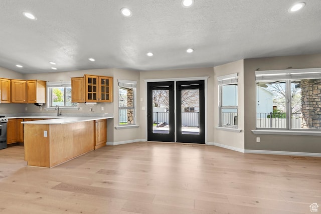 880 E 300 S, Smithfield, UT 84335 - kitchen featuring a textured ceiling, a sink, light countertops, a peninsula, and light wood-style floors