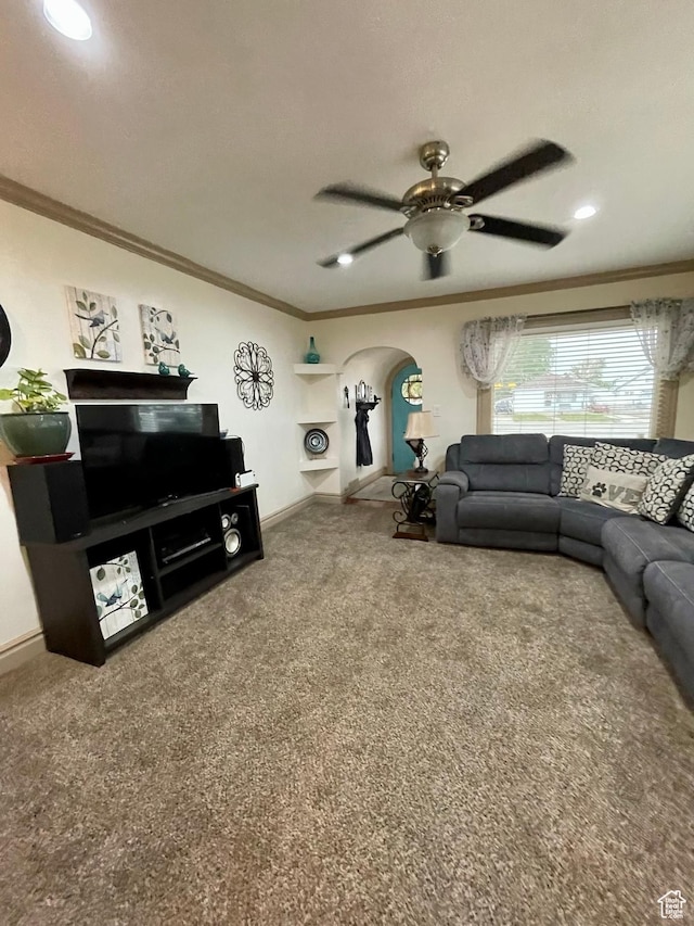 221 N 100 E, Price, UT 84501 - carpeted living area featuring ornamental molding, ceiling fan, arched walkways, baseboards, and recessed lighting