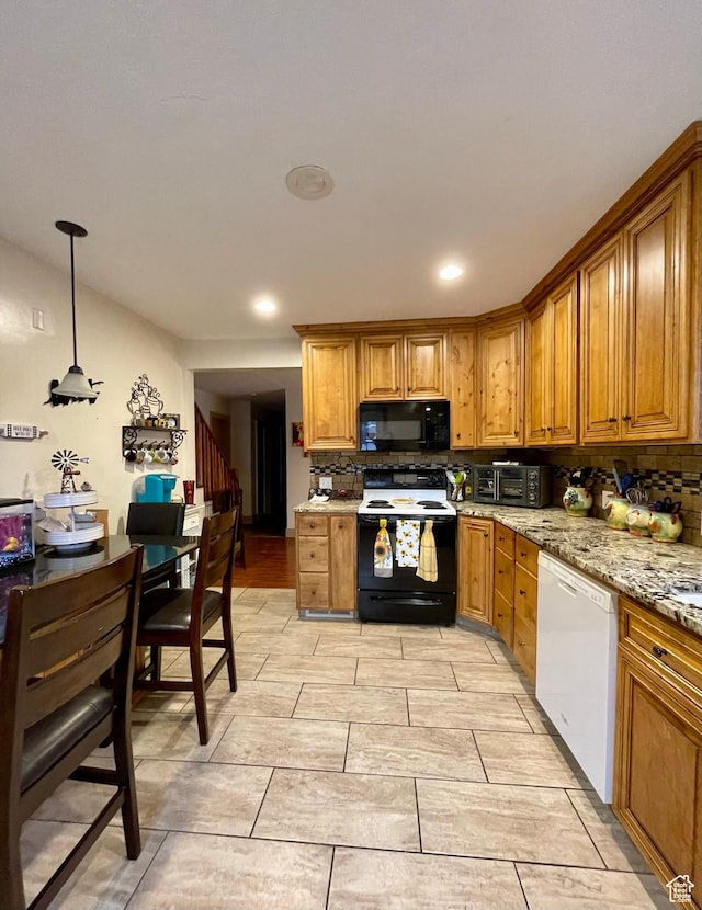 221 N 100 E, Price, UT 84501 - kitchen featuring black microwave, range with electric cooktop, white dishwasher, decorative backsplash, and recessed lighting