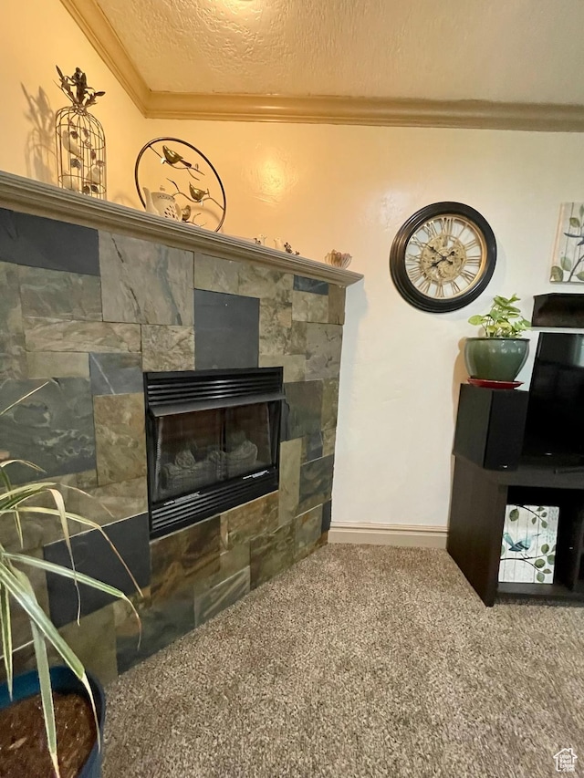 221 N 100 E, Price, UT 84501 - detailed view of crown molding, carpet, a tiled fireplace, a textured ceiling, and baseboards