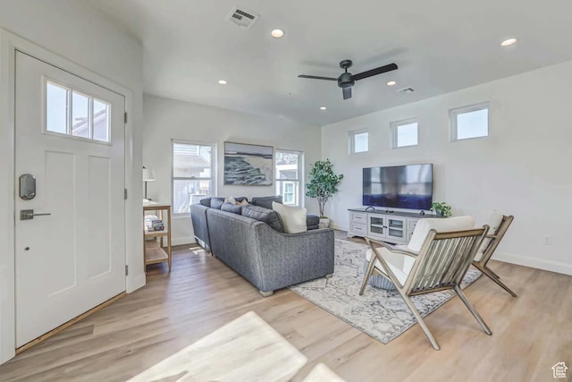 1240 E Villa Way Unit 64, Washington, UT 84780 - living room with recessed lighting, a ceiling fan, baseboards, visible vents, and light wood-style floors