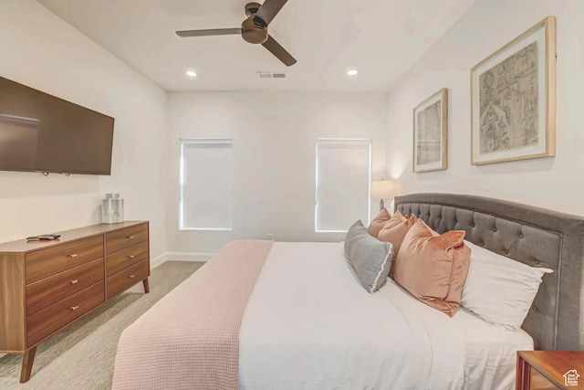 1240 E Villa Way Unit 64, Washington, UT 84780 - bedroom with recessed lighting, light carpet, a ceiling fan, baseboards, and visible vents