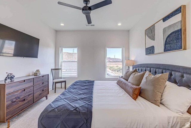 1240 E Villa Way Unit 64, Washington, UT 84780 - bedroom with recessed lighting, light colored carpet, ceiling fan, and visible vents
