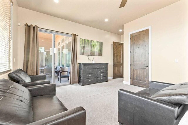 3193 S 4900 W, Hurricane, UT 84737 - carpeted living room featuring baseboards, a ceiling fan, and recessed lighting