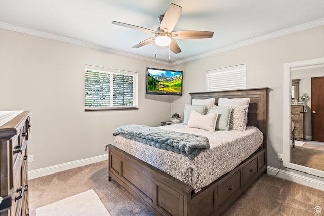 bedroom with crown molding, a ceiling fan, baseboards, and dark carpet