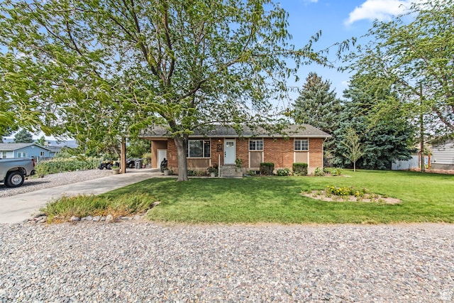 ranch-style house with brick siding, an attached carport, driveway, and a front lawn