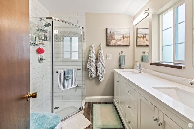full bathroom featuring a sink, a healthy amount of sunlight, and a stall shower