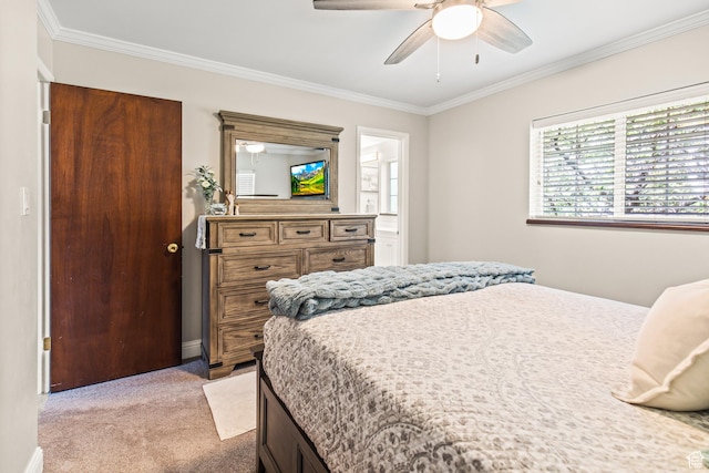 bedroom featuring light carpet, crown molding, and ceiling fan
