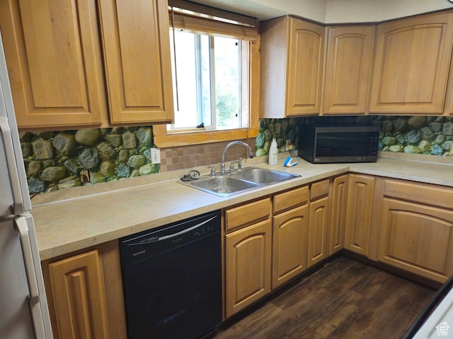 674 N 6th St, Montpelier, ID 83254 - kitchen featuring dishwasher, sink, backsplash, and dark wood-type flooring
