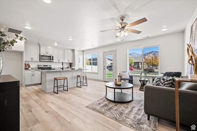 658 S 85 E Unit 13, Smithfield, UT 84335 - living room featuring recessed lighting, light wood-style floors, and a ceiling fan