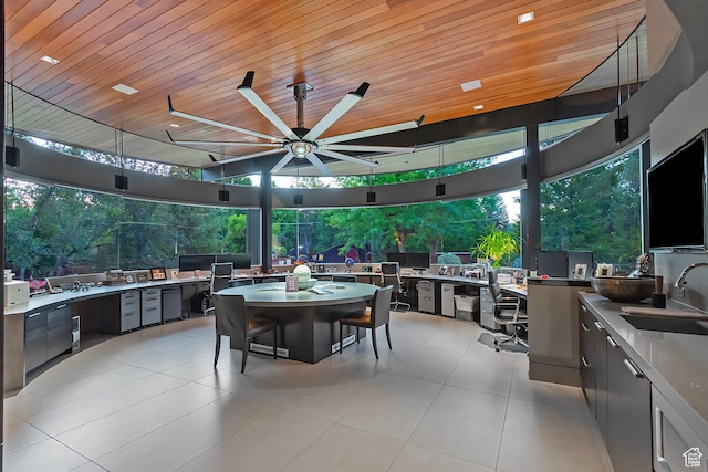 view of patio / terrace with exterior kitchen, outdoor dining area, ceiling fan, and a sink