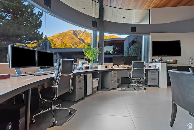 office space with wood ceiling and built in desk