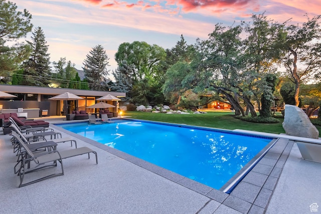 outdoor pool featuring a patio area and a yard