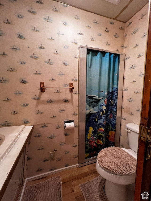 bathroom featuring toilet, vanity, and wood finished floors