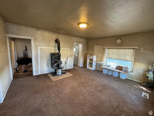 320 N Stone Rd, Snowville, UT 84336 - unfurnished living room featuring a wood stove, carpet floors, and a textured ceiling