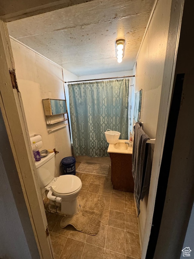 320 N Stone Rd, Snowville, UT 84336 - bathroom with vanity, a shower with curtain, and tile patterned floors