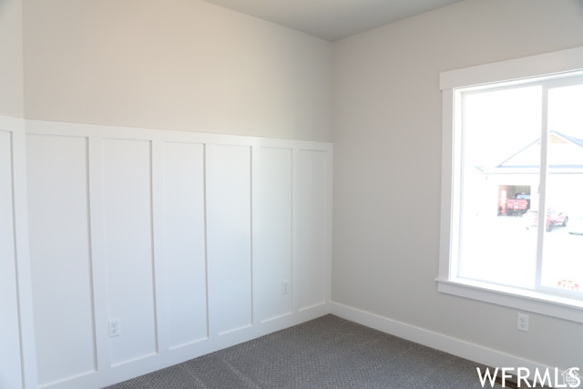 spare room featuring a wainscoted wall, plenty of natural light, a decorative wall, and dark carpet