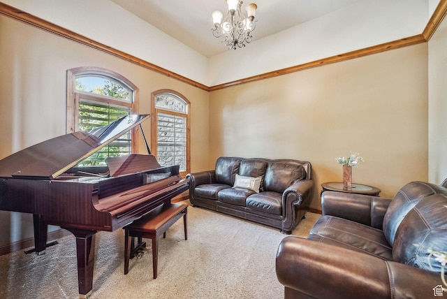 carpeted living area with an inviting chandelier