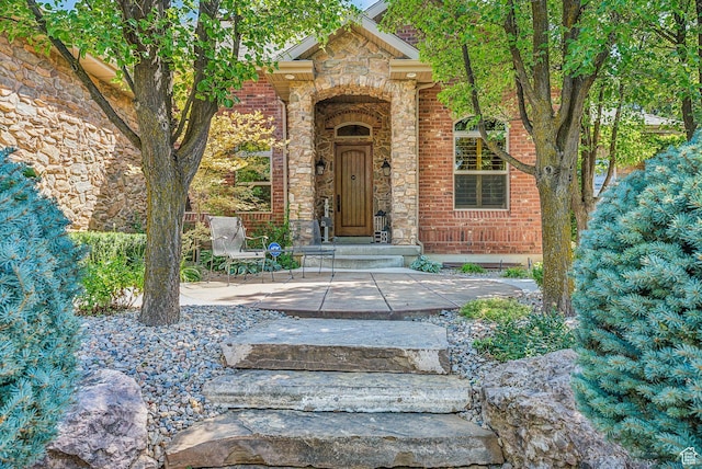 entrance to property with stone siding