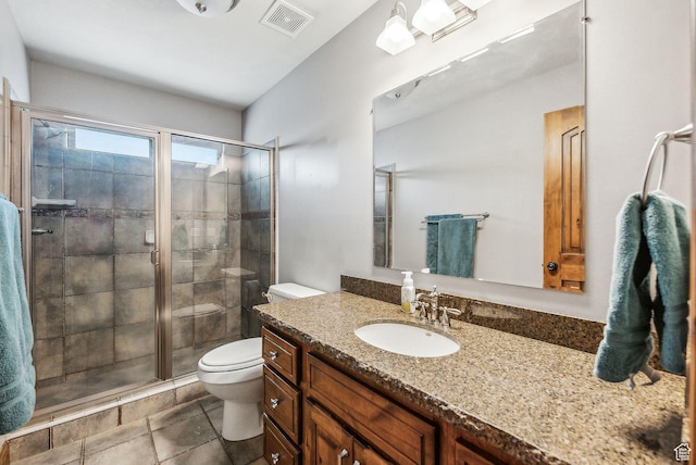 full bath featuring toilet, vanity, a stall shower, and visible vents