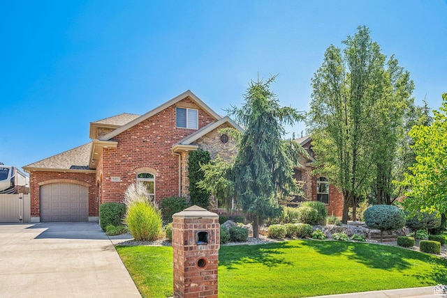view of front of house with driveway, a front lawn, brick siding, a garage, and a shingled roof