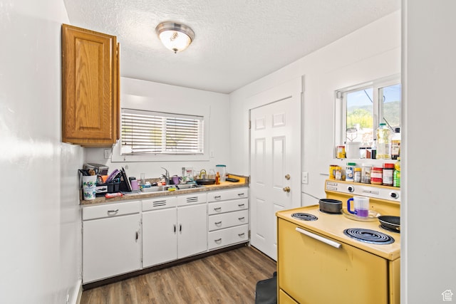 69 S Main St, Manti, UT 84642 - kitchen with white range with electric stovetop, light hardwood / wood-style floors, a textured ceiling, and sink