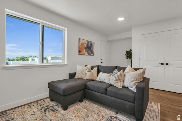 living room with recessed lighting, baseboards, and wood finished floors