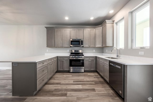 1082 S 2810 E, Spanish Fork, UT 84660 - kitchen with a sink, light countertops, appliances with stainless steel finishes, a peninsula, and gray cabinetry