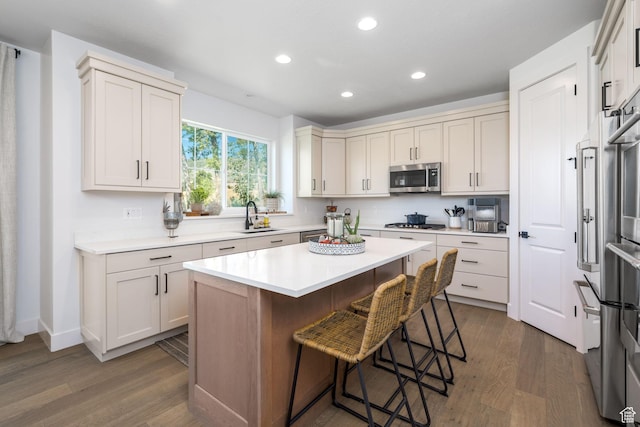 291 E 1980 N, Heber City, UT 84032 - kitchen featuring dark wood-style floors, a breakfast bar area, stainless steel appliances, light countertops, and a sink
