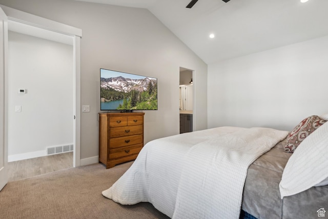 carpeted bedroom featuring lofted ceiling, recessed lighting, baseboards, visible vents, and a ceiling fan