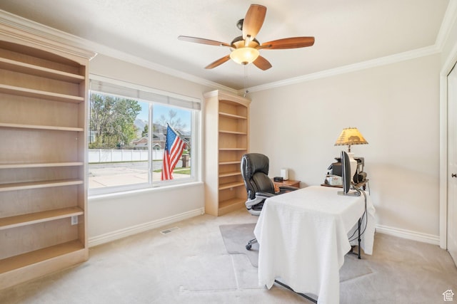 678 Eagle Way, Fruit Heights, UT 84037 - carpeted home office with ceiling fan, baseboards, ornamental molding, and visible vents