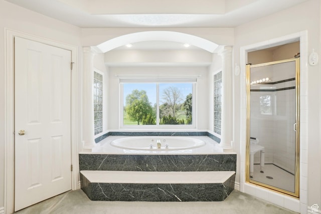 678 Eagle Way, Fruit Heights, UT 84037 - full bathroom with a garden tub, ornate columns, and a stall shower